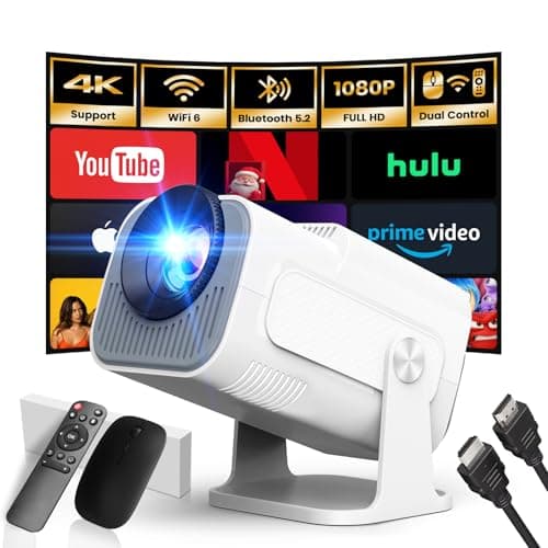 [App integrata] 2025 Upgraded Proiettore 1920 * 1080P 4K Mini Proiettore Portatile Dual Control con Mouse Android TV WiFi 6 BT5.2 180° Rotation HDMI/TV Stick/USB/PS5, con Cavo HDMI e Mouse, Bianco