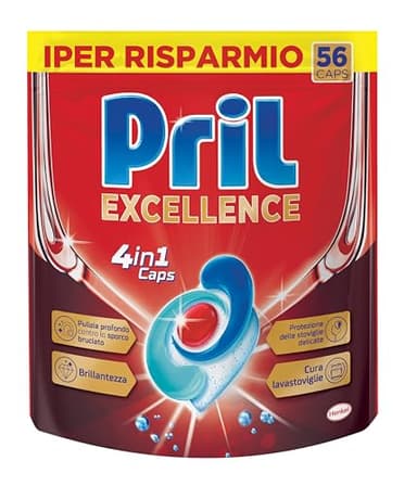 Pril Excellence 4in1 Caps, Detersivo Lavastoviglie in Caps a dissoluzione rapida, formato da 56 capsule