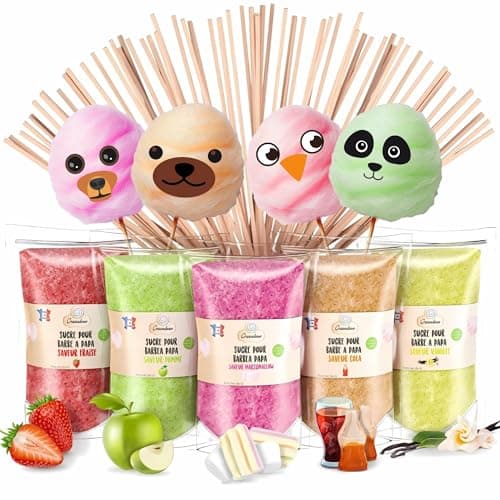 GREENDOSO® Zucchero per Zucchero Filato (5x160 g) – Fragola, Cola, Mela, Marshmallow, Vaniglia – Aromi Naturali – 20 Bastoncini + 8 Facce Commestibili in Carta di Ostia