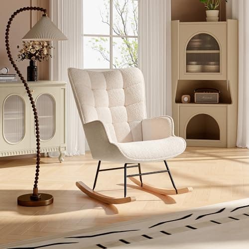 KeepGoon Sedia a dondolo, sedia a dondolo, per soggiorno, camera da letto, soggiorno, sedia a dondolo in velluto Teddy con schienale a quadretti (beige)
