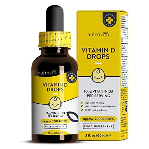 Gocce di Vitamina D 60ml per Neonati e Bambini – Sistema Immunitario Sano, Crescita Sana e Sviluppo Osseo nei Bambini – 400 UI / 10 mcg per Goccia (2000 gocce) – Senza zucchero – Nutravita