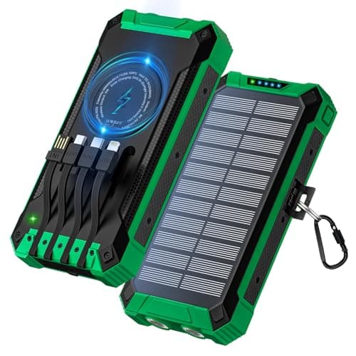 Power Bank 26800mAh, Power Bank Solare Wireless con 4 Cavi Uscita/Ingresso USB-C da 15W Ricarica Rapida 6 Uscite 3 Ingressi per iPhone Samsung, Caricatore Portatile con torce Elettriche, Moschettone