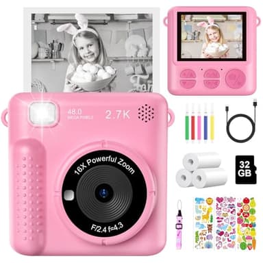 Macchina Fotografica Bambini Istantanea, 2,4 Pollici Fotocamera Digitale Bambini con 32GB Scheda e Carta da Stampa, 1080P HD Videocamera Bambini Giochi, Regalo di Natale per Ragazze Ragazzi 3-12 Anni