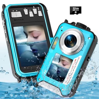 YISENCE Fotocamera subacquea, fotocamera subacquea UHD 4K 56MP autofocus fotocamera digitale impermeabile con una scheda 32GB selfie doppio schermo fotocamera impermeabile per snorkeling