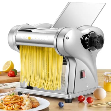 CGOLDENWALL Elettrica Macchina per Pasta Fresca Sfogliatrice in Acciaio Inox Con 2 Lame da 1.5mm Rotonde, 4mm Piatte, 6 Impostazioni di Spessore Regolabili per Tagliatelle/Gnocchi/Spaghetti/Ravioli