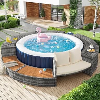 Idemon Set lounge da giardino con divano rotondo, set di mobili da giardino, lounge per vasca idromassaggio e piscina, con piedini regolabili, cuscino incluso, mobili per terrazza, giardino o piscina