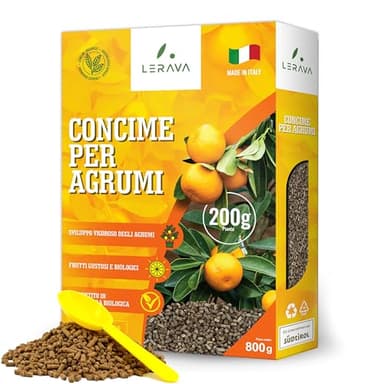 LERAVA® Concime per Agrumi organico - 800g – per uno sviluppo vigoroso e gustoso degli agrumi - Con tappo dosatore - Concime per limoni biologico in vaso o terra - 100% Made in Italy