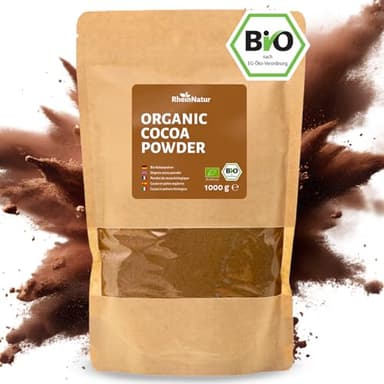 RheinNatur Polvere di cacao biologica, 1 kg, 100% cacao biologico, non zuccherato e senza additivi, ideale per la cottura, per cioccolate calde e frullati, sacchetto da 1000 g