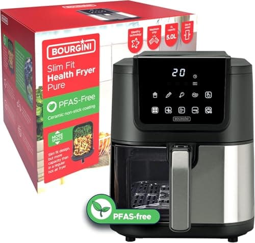 BOURGINI Friggitrice ad aria con rivestimento ceramico Pro, privo di sostanze chimiche (PFAS, C6, PFHxA, PTFE, PFOA e BPA), 5 litri, formato slim 35% più compatto, 1500 W, ideale per una casa senza
