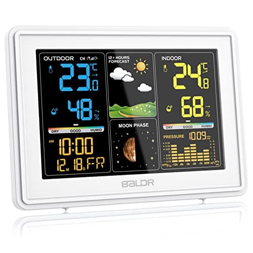 BALDR Stazione Meteo con Sensore Esterno, Display a Colori, Orologio Radiofonico DCF, Previsioni del Tempo, Barometro, Fasi Lunari, Termometro Interno ed Esterno, Igrometro