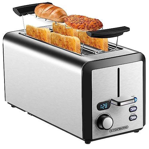 Tostapane a fessura lunga | 4 fette | XXL | 1500 Watt | 6 livelli | Inserto per panini | Funzione scongelamento | Cassetto briciole | Acciaio inossidabile | Doppia fessura | Display LED