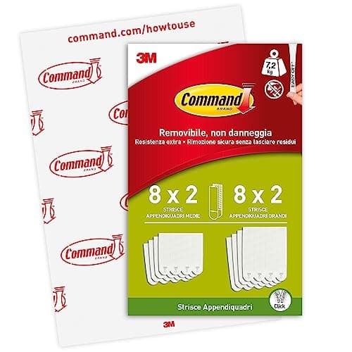 Command Strisce Appendi Quadri Adesive Medie e Grandi Bianche, Confezione da 8 Coppie di Strisce M e 8 L - ottimale per Appendere Quadri, Cornici e Specchi al Muro senza Chiodi