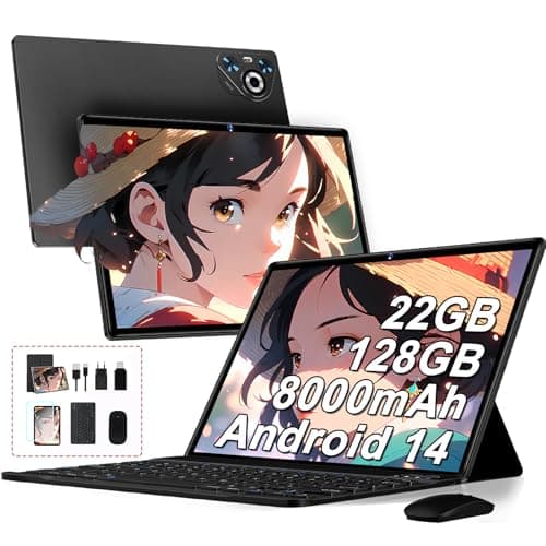 2025 Tablet 10 pollici Android 14, 22GB RAM 128GB ROM/TF 1TB, Processore Octa-Core, 8000mAh, Corpo in Metallo, BT5.0, Doppio WiFi, Face ID, 8MP+5MP, Widevine L1, Tastiera, Mouse, Black
