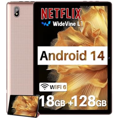 DMOAO Tablet 10 Pollici Android 14 con 18GB RAM + 128GB ROM(TF 1TB), HD Tablet con 5G Wi-Fi 6, Widevine L1, Octa-Core 1.8 GHz, USB-C, BT 5.0, 6000mAh,Custodia, Oro Rosa