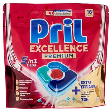 Pril Excellence Premium 5in1 Caps Lavastoviglie (16 Caps), Detersivo lavastoviglie contro lo sporco ostinato e secco da 72h, Pastiglie lavastoviglie efficaci anche nei cicli brevi ed eco