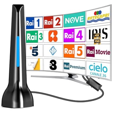 Antenna TV Interna 2025, Antenne Digitale Terrestre con Base Magnetica/Amplificatore di Segnale, Supporta 4K/1080p/VHF/UHF DVB-T/T2 Canali Gratuiti