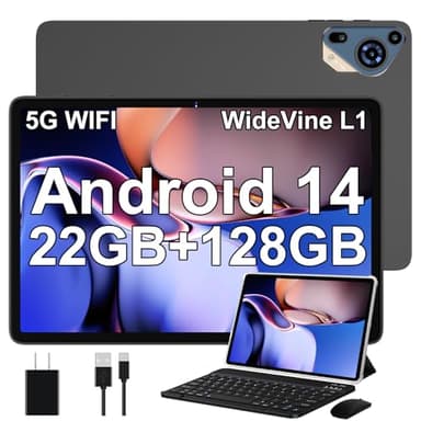 Tablet 10 Pollici Android 14 con 22 GB RAM + 128 GB ROM(Espandibile Fino a 1 TB), Widevine L1, Octa-Core 2.0 GHz, 5G Wi-Fi, GPS, 8000mAh, USB-C, HD Tablet con Tastiera + Mouse + Custodia, Marrone