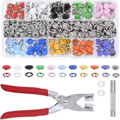 Wenrescry Set di 200 bottoni automatici con pinza, set di bottoni automatici in metallo, 9,5 mm, 10 colori, fai da te per abbigliamento per bambini, abbigliamento, borse, fatti a mano, riparazione