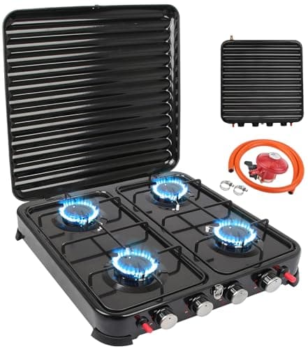 Fornelli da campeggio a gas 4 fuochi Cucina a Gas Portatile Fornellini da Campeggio Struttura in Acciaio inox, Consumo 8,8 kW 48 x 48.5 x 10.5 cm Fornello 4 Fuoco Smaltato fornello da campeg