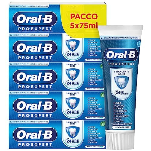 Oral-B DENTIFRICIO Pro-Expert SBIANCANTE SANO, Protezione di 24 Ore CONTRO la PLACCA BATTERICA, Clinicamente Provato, Confezione da 5 Dentifrici (5x75ml), Gusto MENTA FRESCA