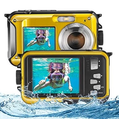 Aomdom Macchina Fotografica Subcquea, Full HD 2.7K 48MP Fotocamera Subacquea Digitale Zoom Digitale 16X Macchina Fotografica Subacquea Bambini Doppio Schermo giallo