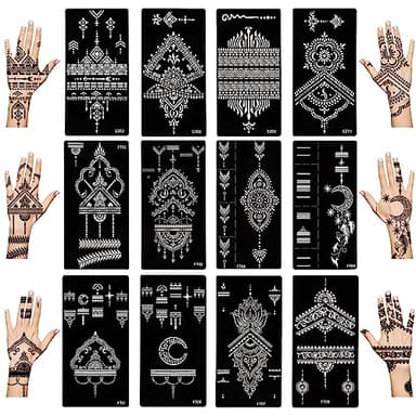 12 fogli Kit di stencil temporanei per tatuaggi all'henné per le mani