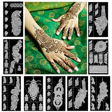 QSTOHENA Kit di stencil per tatuaggi a forma di henné indiano per mani, avambraccio, glitter, aerografo, per tatuaggi fai da te, 9 fogli, riutilizzabile, per donne e ragazze (21 x 12 cm)
