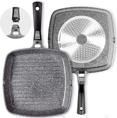 Coninx Padella Grill Antiaderente per Induzione 28 cm | Bistecchiera al 100% senza PFOA | Griddle Pan con Rivestimento ILAG Granistone | in alluminio con Manico Rimovibile | Induzione, Gas e Forno