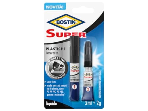 Bostik Super Plastiche, adesivo istantaneo per tutte le plastiche anche PP, PE, PVC, ABS, trasparente, super veloce e super forte 3ml + 2g