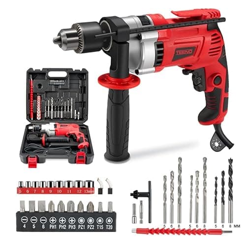 TEENO Trapano a Percussione Elettrico Filo 910 W, Trapano a Percussione Cablato 0-3000 giri/min con pulsante di velocità variabile, 38 Accessori, Mandrino 13 mm, Mattoni, Legno, Acciaio