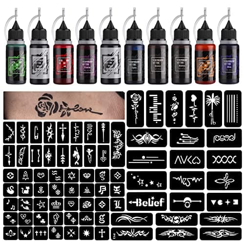 STIGMA Kit Tatuaggio Finto Temporaneo 10 Bottiglie Inchiostri Colorati, 84 Pezzi, con Stencil per Pittura Corpo Fai da Te, per Donne Bambini