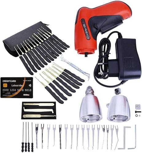 Loboo Idea - Grimaldello elettrico automatico a pistola con set di 28 grimaldelli per serrature e set di 5 grimaldelli in formato carta di credito, strumenti di manutenzione da fabbro