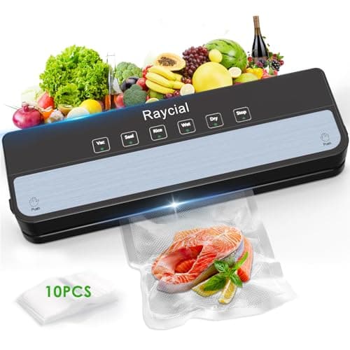 Raycial Macchina Per Sottovuoto con Sacchetti Sottovuoto, Macchina per Sottovuoto 5 in 1, per Asciutto, Umidità, Fresco, Saldatrice Per Alimenti, Sigillatrice Compatta E Completamente Automatic