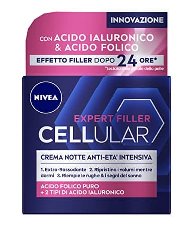 NIVEA CELLULAR EXPERT FILLER Crema Notte Anti-Età Intensiva SPF 15 50ml, Crema viso antirughe rassodante, Crema viso Acido Ialuronico e Acido Folico Puro, Crema viso notte anti-age