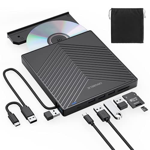 ORIGBELIE Masterizzatore DVD CD Externo, Lettore CD DVD Esterno, USB 3.0 con 4 Porte USB e 2 Lettore di Schede TF/SD, Ultra Sottile Unità CD/DVD Esterna per Laptop Windows 11/10/8/7/XP/Vista Linux Mac
