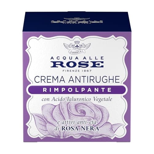 Acqua alle Rose, Crema Viso Antirughe Rimpolpante con Attivi Anti-Età di Rosa Nera e Acido Ialuronico Vegetale, Crema Viso Antirughe ad Azione Riempitiva e Distensiva, 50 ml